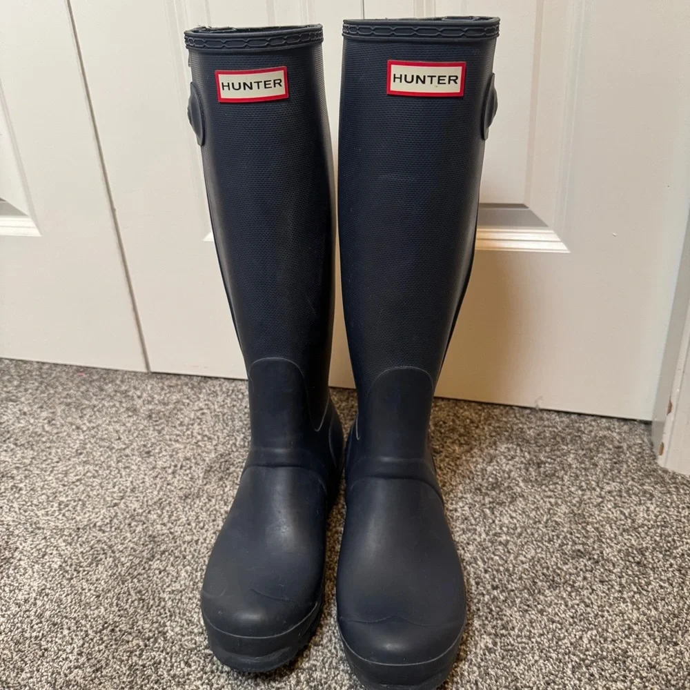 Hunter Original Tall Back Zip Textured Rain Boots Navy Blue Womens US 7